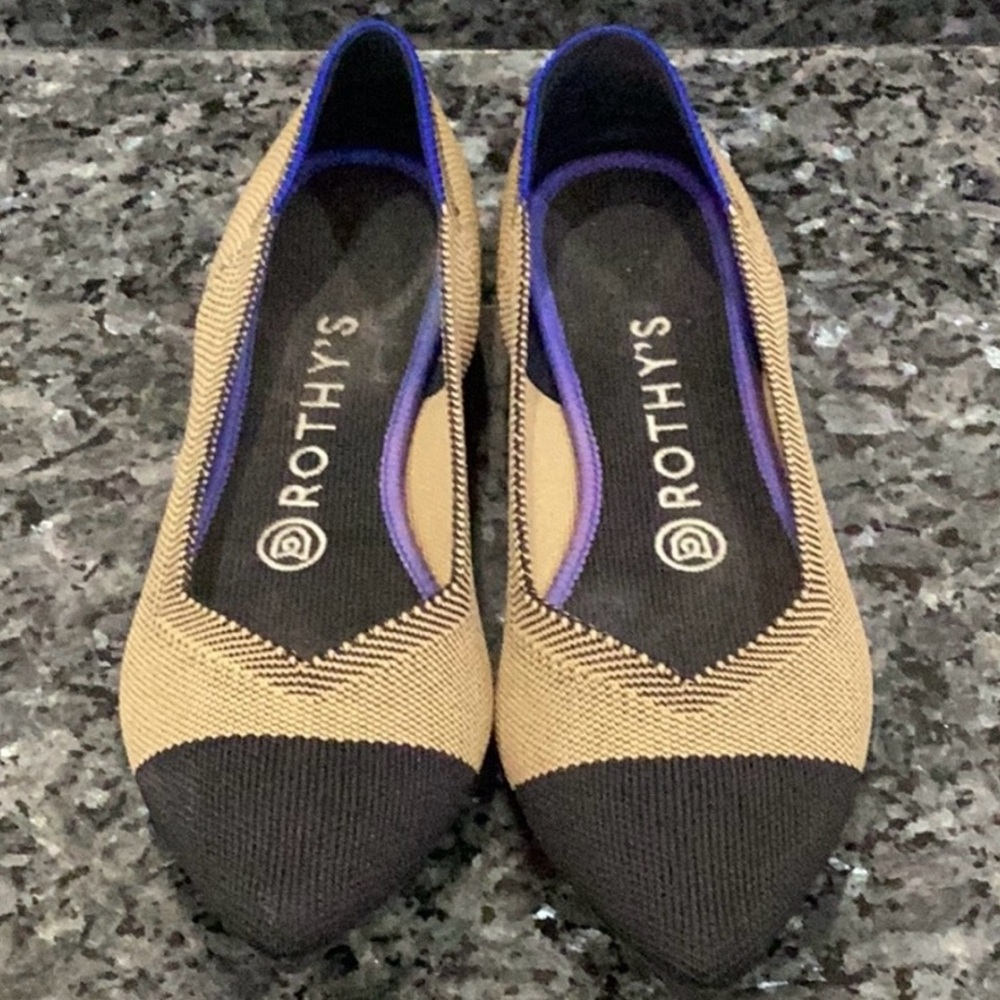 Rothy's Tan and Black Flats with Purple Trim